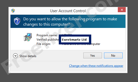 Screenshot where EuroSmartz Ltd appears as the verified publisher in the UAC dialog